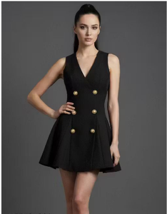 มินิเดรสสีดำสำหรับผู้หญิง เดรสกระดุมสองแถวสำหรับผู้หญิง เดรสกระดุมสีทองสำหรับผู้หญิง เดรสคอวีแขนกุด เดรสทรงพอดีตัวและทรงบานออก - Product Image 3