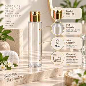 Beauty Packaging <b>50ml</b> <b>Bottle</b> | Transparent PET Plastic Container with Gold Flip Top Cap for Cosmetics Skincare Serum Lotion Hair - Product Image 5