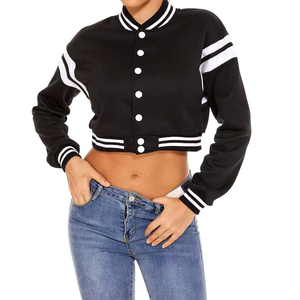 Black Cropped Varsity Jacket With White Stripes <b>Button</b> Front Slim Fit Casual College Style Outerwear For Women And Men - Product Image 1