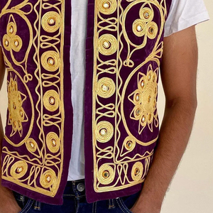<b>Men's</b> Winter Vintage <b>Purple</b> Velour Embroidered <b>Waistcoat</b> Stand Collar Open Front Gold Embroidery Suits - Product Image 4
