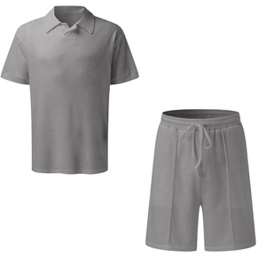 Polos de manga corta con cremallera informal de verano 2025 para hombre, conjuntos cortos de tela de gofres para otoño para chándal - Product Image 1