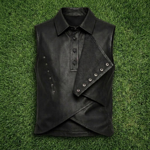เสื้อกั๊กหนังสีดำสำหรับผู้ชายพร้อมปกพับลงและกางเกงขาสั้นเข้าชุดสไตล์นักขี่มอเตอร์ไซค์ชุดฤดูร้อน - Product Image 6