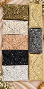 Pochette élégante en polyester ornée de perles et de cristaux, motif géométrique, pour soirée, mariage, avec fermeture à rabat, satinée et brodée à la main - Product Image 2