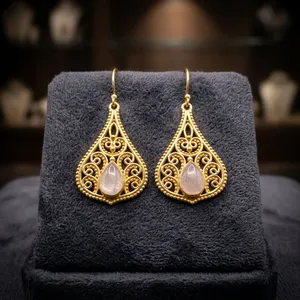 Natural Rose Quartz Brass <b>Earrings</b> Wholesale Handmade Gemstone Drop <b>Earrings</b> for Women - Product Image 1