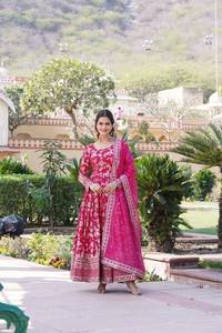 Foil Print Flared Kurta Set For Women Ethnic Gown Style Dress With Dupatta Festive Wear Collection - Product Image 5