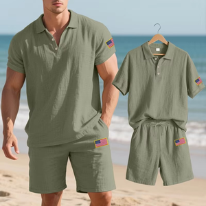 Conjunto de Camiseta Polo y Pantalones Cortos de Algodón Blanco para Hombre, Bordado con la Bandera de EE. UU., Ropa Casual de Verano - Product Image 4