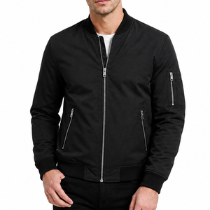 Best selling Men's All Black Bomber <b>Jacket</b> Arm Sleeve Zipper Pocket Solid Black Casual Flight Lightweight <b>Zip</b> <b>Up</b> <b>jacket</b> - Product Image 1