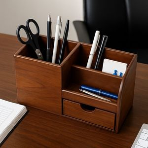 Wooden Office Desk Organizer <b>Storage</b> Stand Pen Pencil Holder Desktop Stationery Container Workspace Accessory Elegant - Product Image 2