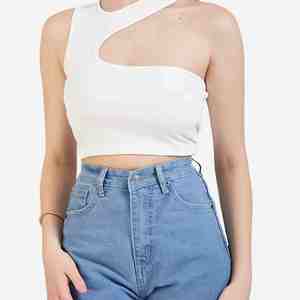 Top Corto Asimétrico Blanco para Mujer, Estilo Transpirable de Color Sólido, con Diseño Calado, Tejido de Punto, Spandex y Algodón - Product Image 5