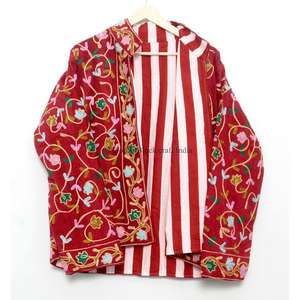 Chaqueta corta de invierno bordada a mano, muy de moda, con forro de tela a rayas y cuello redondo para mujer, talla única. - Product Image 6