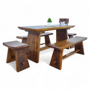 Rustic Style Dining Set Durable Table and 2 Wooden <b>Benches</b> with Minimalist Style For Home Garden Furniture - Product Image 2