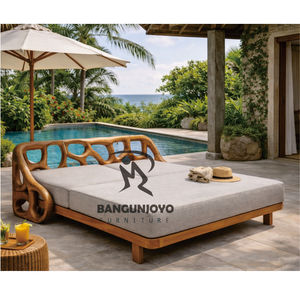 Chaise longue d'extérieur en bois avec dossier séparé et fonction d'inclinaison, coussin gris, style tropical, mobilier de bord de piscine - Product Image 2