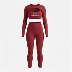 North Approach 2 Piece Yoga Set Full Length Solid Red Breathable High Waist Seamless Sportswear - Product Image 1