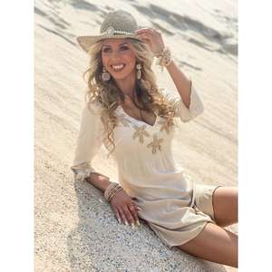 Vestido Mini Bohemio Bordado con Cuello en V para Mujer, Manga Larga, Casual de Playa, Verano, Beige, 100% Poliéster Ecológico - Product Image 2