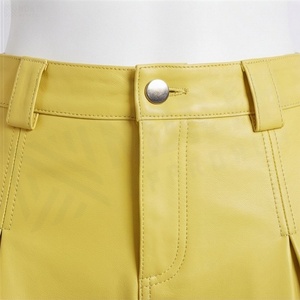 Women Faux Leather A-Line Mini <b>Skirt</b> <b>Pleated</b> Solid <b>Yellow</b> Regular Waistline Shiny Style All Seasons - Product Image 4