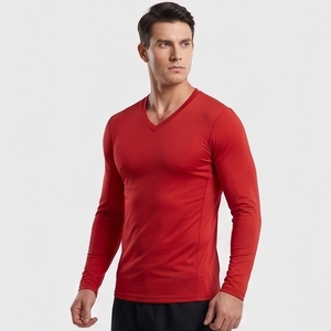 T-shirt de sport à manches longues pour homme, col en V, coupe ajustée, sous-vêtement technique, idéal pour le yoga et l'entraînement, compression - Product Image 1