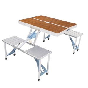 Tavolo e Sedia da Campeggio in Lega di Alluminio 50kg, Design Pieghevole Effetto Legno 136*85.5*67cm - Product Image 1