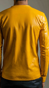 เสื้อยืดคอกลมแขนยาวหนัง PU สีเหลืองล้วนสำหรับผู้ชาย สไตล์ลำลองสำหรับฤดูใบไม้ร่วง - Product Image 2