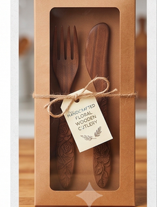Juego de cubiertos modernos de madera con tallado de rosas, mango con acabado mate, cubiertos reutilizables para vajilla de boda y restaurante. - Product Image 4