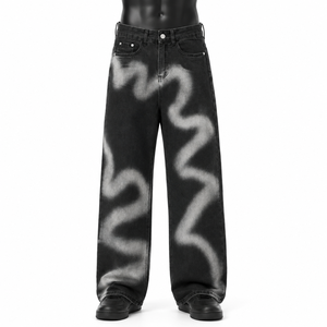Jean en denim taille haute à jambe large pour homme, en coton, tie-dye, coupe ample, streetwear, délavé, mode automne - Product Image 1