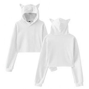Sudadera con capucha corta de punto para mujer, con orejas de gato, de invierno, lisa, oversize, estilo casual Harajuku, manga regular - Product Image 2