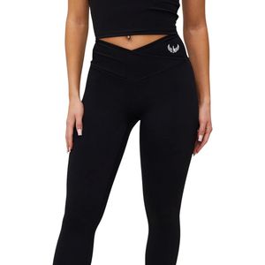 Women's <b>Black</b> <b>Wrap</b> Over Legging High Waisted Stretch Yoga Pants Contour Fitness Tights Gymwear Activewear Apparel - Product Image 2