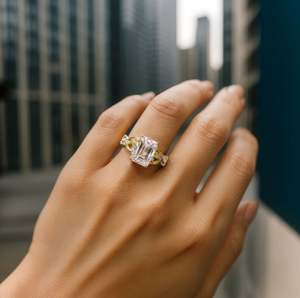 Bague en moissanite taille émeraude avec sertissage à griffes en argent sterling 925 plaqué or jaune pour mariage, fiançailles, anniversaire - Product Image 2