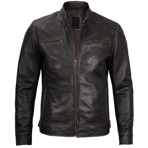 Men's Brown Genuine Leather Moto Biker Jacket Stand Collar Zipper Closure Autumn Wear Regular Fit Solid Color - Product Image 3