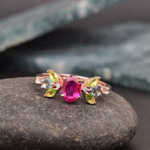 Hermoso Anillo de Compromiso Religioso con Rubí y Peridoto, Plata de Ley 925, Chapado en Oro de 14K, Chapado en Rodio, Anillo con Racimo de Piedras Preciosas - Product Image 1