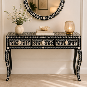 Table console de luxe en os incrusté avec cadre de miroir et 3 tiroirs, meuble d'entrée tendance pour la décoration du couloir - Product Image 1