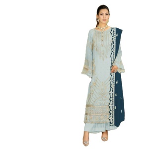 Traje Salwar pakistaní de diseñador de última moda, bordado en georgette sintética pesada. - Product Image 1