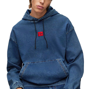 เสื้อฮู้ดยีนส์ปักลายสำหรับผู้ชายรุ่นใหม่ล่าสุดสำหรับฤดูหนาว พร้อมปลายแขนเสื้อแบบริบบิ้น ดีไซน์ขาดๆ แบบดิสเทรส ทรงโอเวอร์ไซส์ - Product Image 6