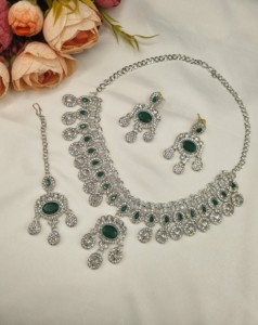 Designer Rhodium Plated Oval Cut CZ Stone <b>Necklace</b> <b>Set</b> With <b>Earrings</b> & Mangtika For Women Ethnic Fashion Jewellery <b>Set</b> Wholesale - Product Image 4