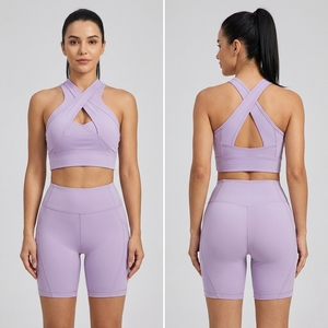 Conjunto de Top Deportivo y Shorts Morados para Mujer, Espalda Cruzada, Sin Costuras, para Yoga, Gimnasio, Ropa Deportiva, Etiqueta Privada Personalizada, OEM - Product Image 3