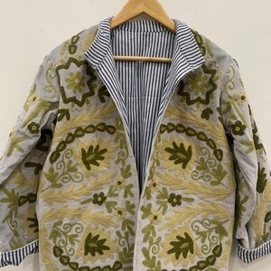 Womens Velvet Suzani Embroidered Jacket Floral Handmade Short <b>Coat</b> Bohemian Winter Jacket Designer Ethnic Wear - Product Image 3