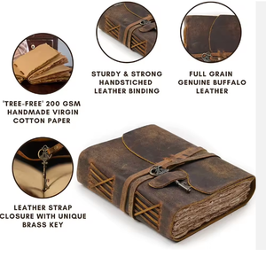 Handmade Vintage Large A5/A4 Journal High Quality Genuine <b>Leather</b> with Soft Cotton Deckle Edge Wood Cover Brass C-Lock Gift - Product Image 2