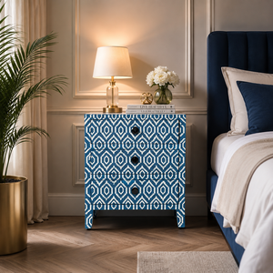 Handmade Durable Blue Patterned Wooden Nightstand with 2 Drawers Modern Design for Hotel & Dining Rooms Bedroom Storage - Product Image 1