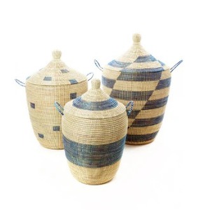 Set of 3 Handwoven Blue & Cream <b>Bath</b> Hamper Baskets Handmade <b>Storage</b> Basket Wholesale eco-friendly Made Viet Nam - Product Image 1