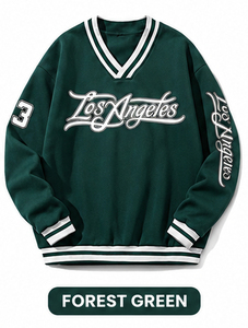 Sudadera con Cuello en V de Los Ángeles, Unisex, Blanca y Verde, Estilo Holgado, Informal, Retro, Urbana, de Algodón Tejido Antiarrugas para Invierno - Product Image 3