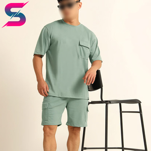 Fully Customized Made Men's Solid Green Cotton T-Shirt and Shorts <b>Set</b> Crew Neck Casual Summer Outfit Breathable <b>Knitted</b> Style - Product Image 2