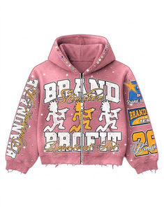 Custom Rhinestone Applique Embroidered <b>Lightweight</b> Fashion 500G Regular Washed Distressed Men Drawstring Four-Way Stretch <b>Hoodie</b> - Product Image 5