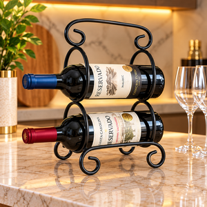 Elegante Soporte de Metal Curvo para Botellas de Vino, Hierro Negro, Estante de 2 Niveles para Mostrador, Almacenamiento y Exhibición en el Hogar, Bar o Cocina - Product Image 1