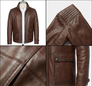 Chaqueta Casual de Motociclista para Hombre, de Cuero Genuino Marrón, Cuello Alto, Cierre de Cremallera, Corte Regular, Invierno, Servicio OEM - Product Image 5