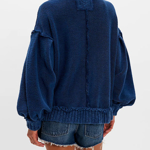 Cárdigan de punto para mujer con manga globo, azul, casual, frente abierto, cuello redondo, cierre de botones, tejido con puntada inversa - Product Image 2