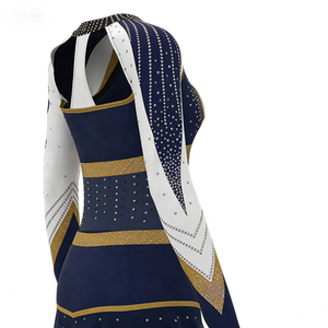 Uniforme de cheerleading pour femmes, bleu marine, or, strass, impression par sublimation, robe sans manches, taille adulte - Product Image 4