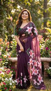 KUNJ CREATION Saree indien style Gujarati Gram Blooming avec broderie, bordure en dentelle à sequins et pièce de chemisier, pour tenue de soirée - Product Image 2