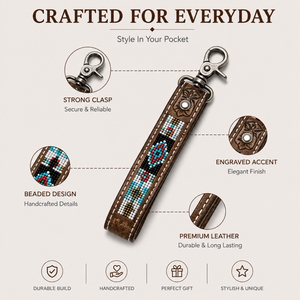 Porte-clés artisanal en cuir marron perlé avec motif tribal turquoise, accent floral gravé, fermoir robuste, style western bohème - Product Image 5