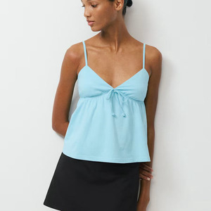 Women's Light <b>Blue</b> Strapless <b>Cami</b> <b>Top</b> Solid Color Knitted Loose Fit Breathable Casual Summer Wear With Bow Detail - Product Image 2