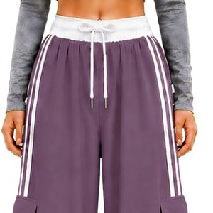 Pantalones Cargo Anchos de Mujer Color Morado Polvoriento Personalizados, de Cintura Alta con Cordón, Rayas Laterales, Ajuste Relajado, Estilo Urbano - Product Image 5