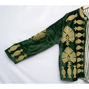 Vintage Green Velvet Embroidered Eco-Friendly <b>Reversible</b> Unisex <b>Coat</b> Mandarin Collar Three Quarter Sleeve All Seasons Outerwear - Product Image 5